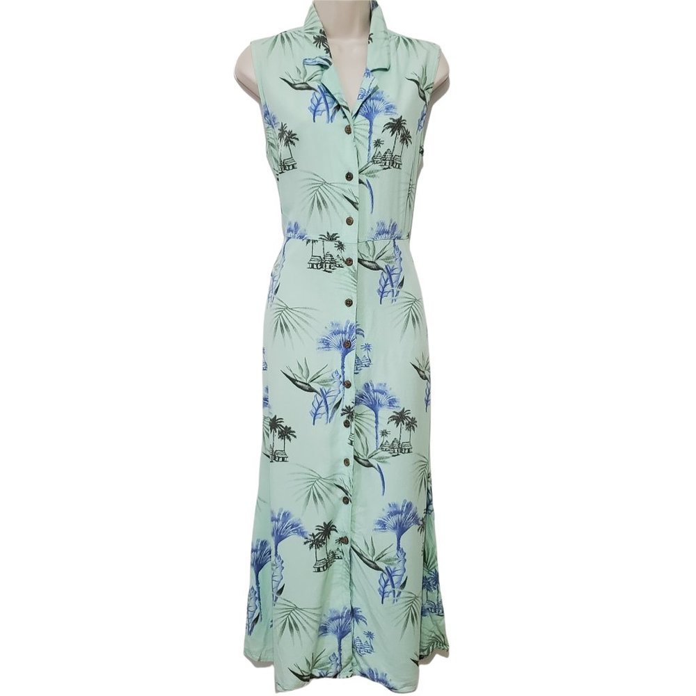 Sleeveless Mint Green Tropical Print Button-Front Maxi Dress